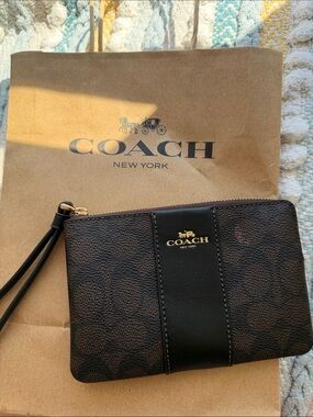 Coach Brown and Black Signature Wristlet with Gold Logo